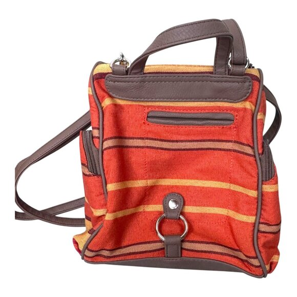 MultiSac Striped Backpack Purse Southwest Orange Brown Canvas Faux Leather Trim - Picture 10 of 12